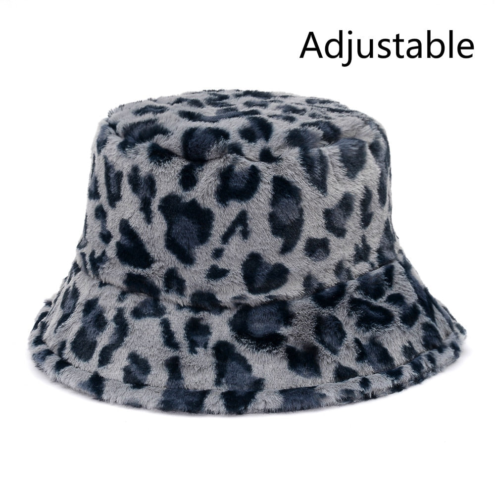 Winter Cow Leopard Faux Fur Fluffy Bucket Hats Women