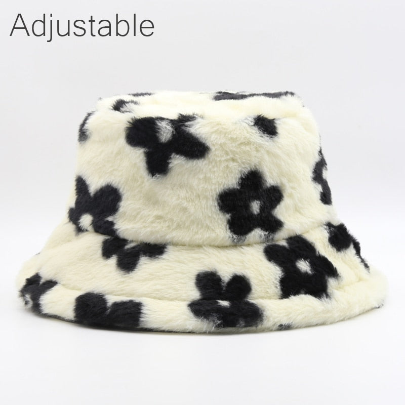 Winter Cow Leopard Faux Fur Fluffy Bucket Hats Women