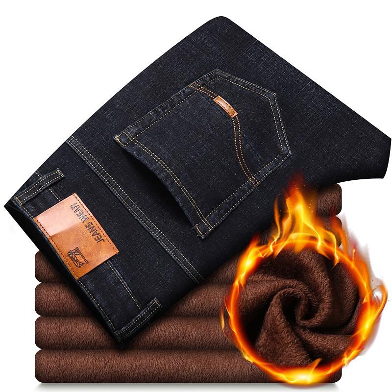 2022 Brand Autumn Winter Warm Flocking Denim Soft  Man Activities Fleece Line Men Jeans Black Blue Grey Colors