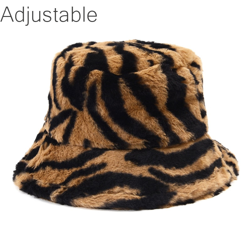 Winter Cow Leopard Faux Fur Fluffy Bucket Hats Women