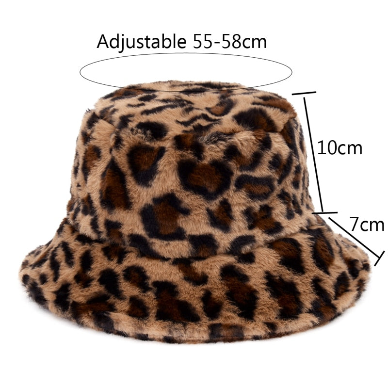 Winter Cow Leopard Faux Fur Fluffy Bucket Hats Women