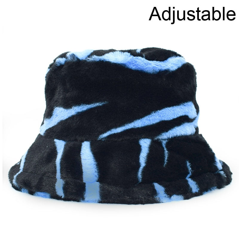 Winter Cow Leopard Faux Fur Fluffy Bucket Hats Women