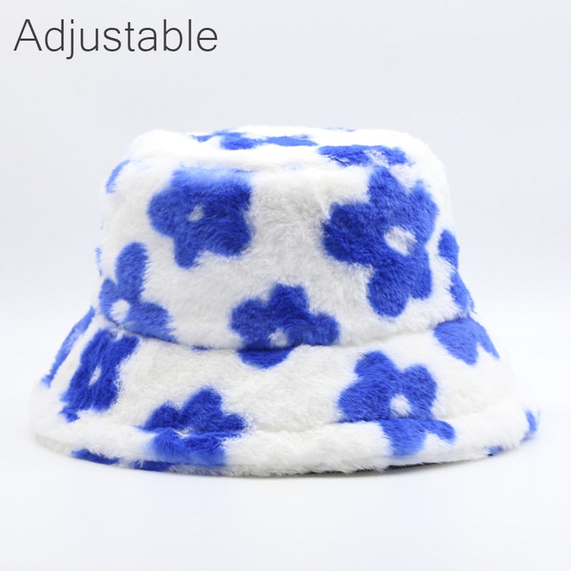 Winter Cow Leopard Faux Fur Fluffy Bucket Hats Women