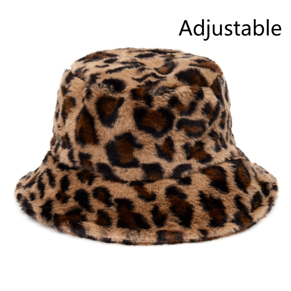 Winter Cow Leopard Faux Fur Fluffy Bucket Hats Women