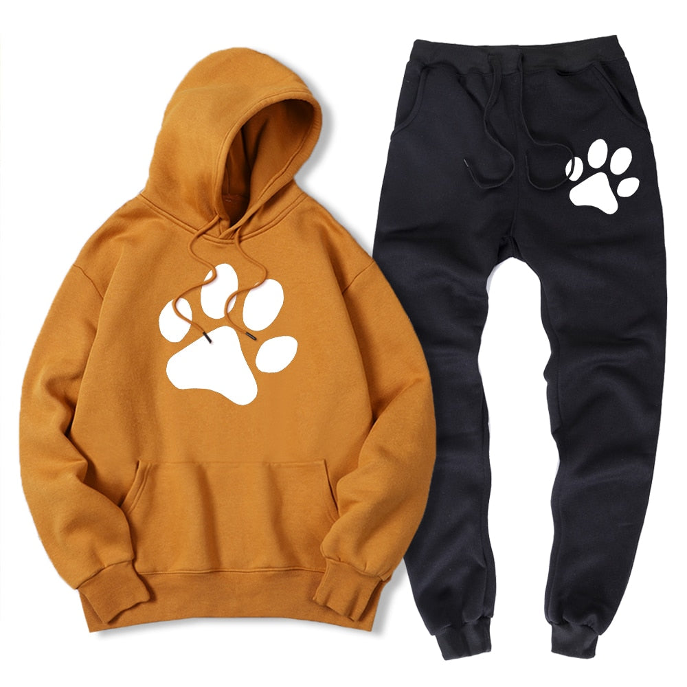 Kawaii Cartoon Dog Paw Print Men Sweatshirt + Sweatpant Winter Warm Fleece 2 Piece Sets Loose Oversize Sportswear Suit Male