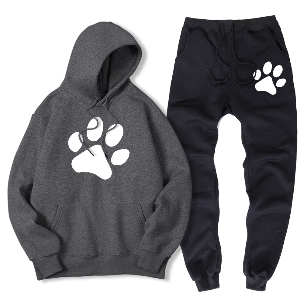 Kawaii Cartoon Dog Paw Print Men Sweatshirt + Sweatpant Winter Warm Fleece 2 Piece Sets Loose Oversize Sportswear Suit Male