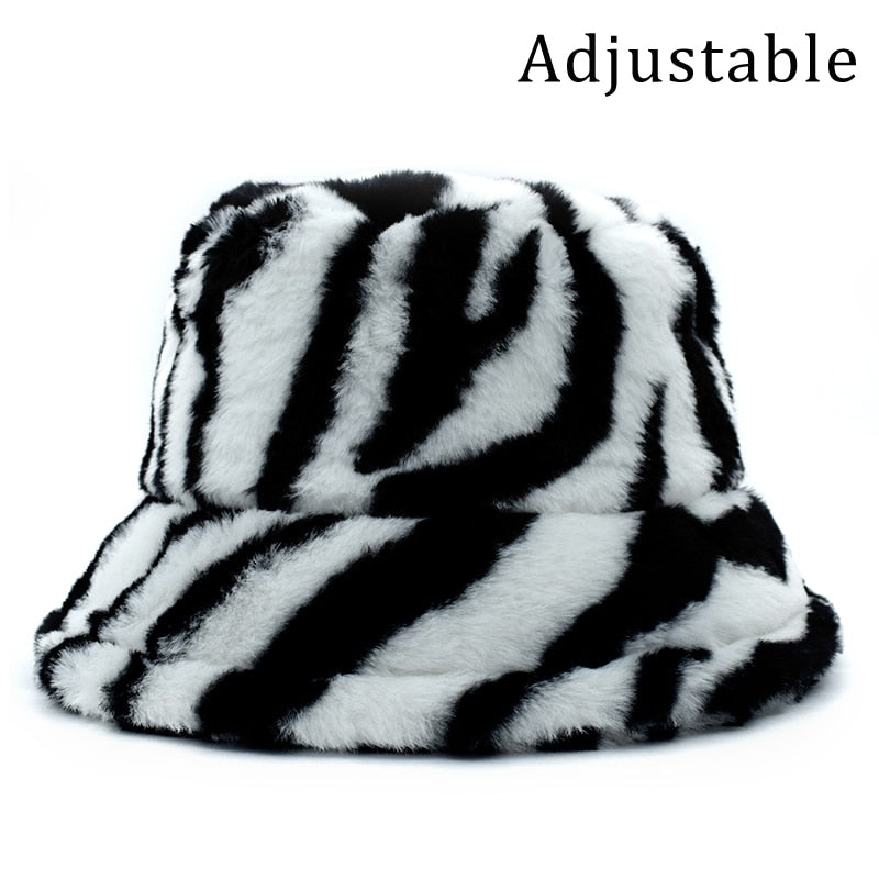 Winter Cow Leopard Faux Fur Fluffy Bucket Hats Women