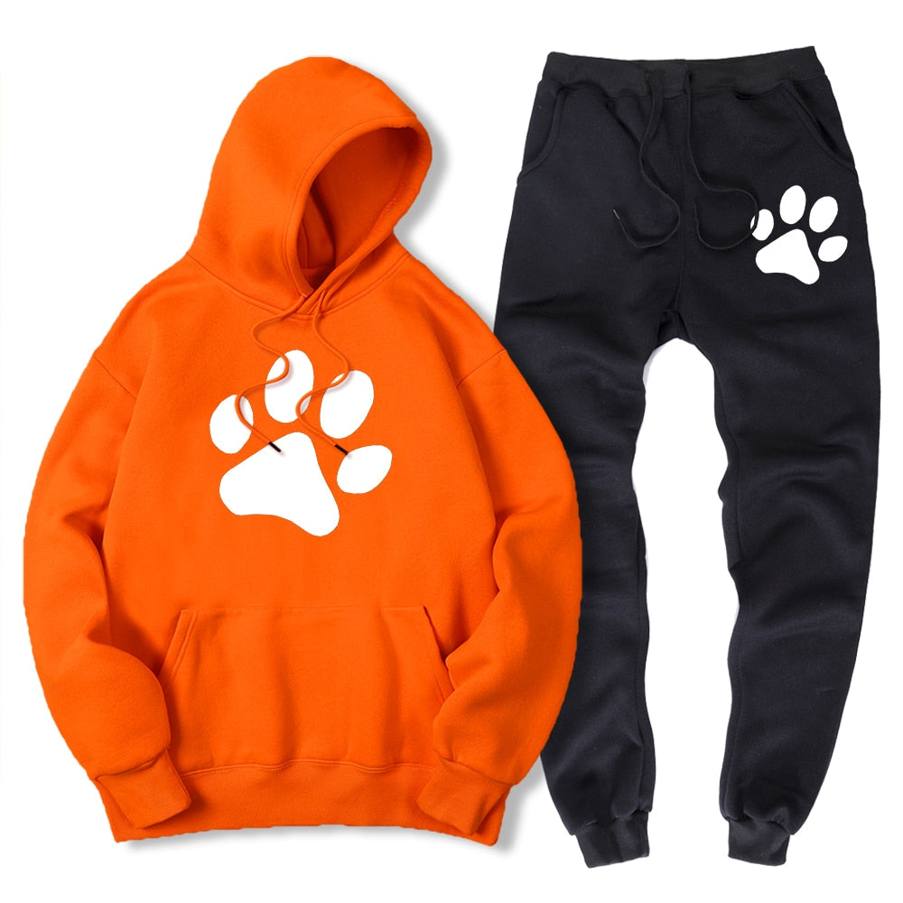 Kawaii Cartoon Dog Paw Print Men Sweatshirt + Sweatpant Winter Warm Fleece 2 Piece Sets Loose Oversize Sportswear Suit Male