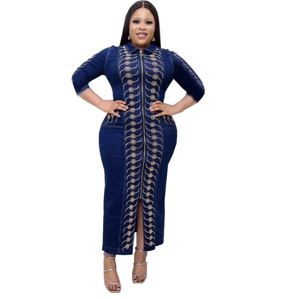 Denim African Dresses for Women 2022 Dashiki Diamond Plus Size African Clothes Long Sleeve Evening Party Dress Abaya Boubou Robe